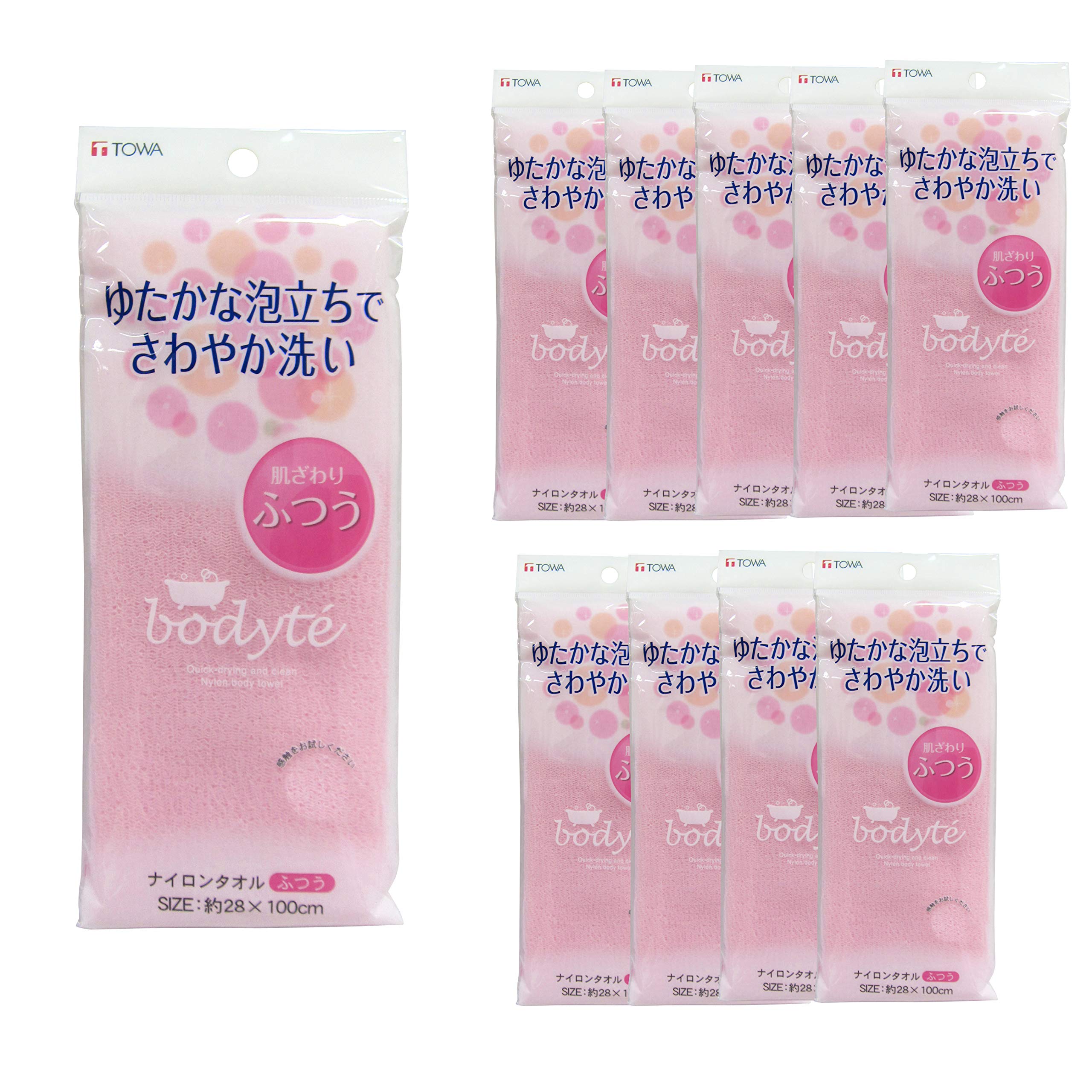 

Towa Sangyo Body Towels, Pink, Approx. 10.8 x 26 x 1.5 cm, BO, Nylon, Regular, Pack of 10