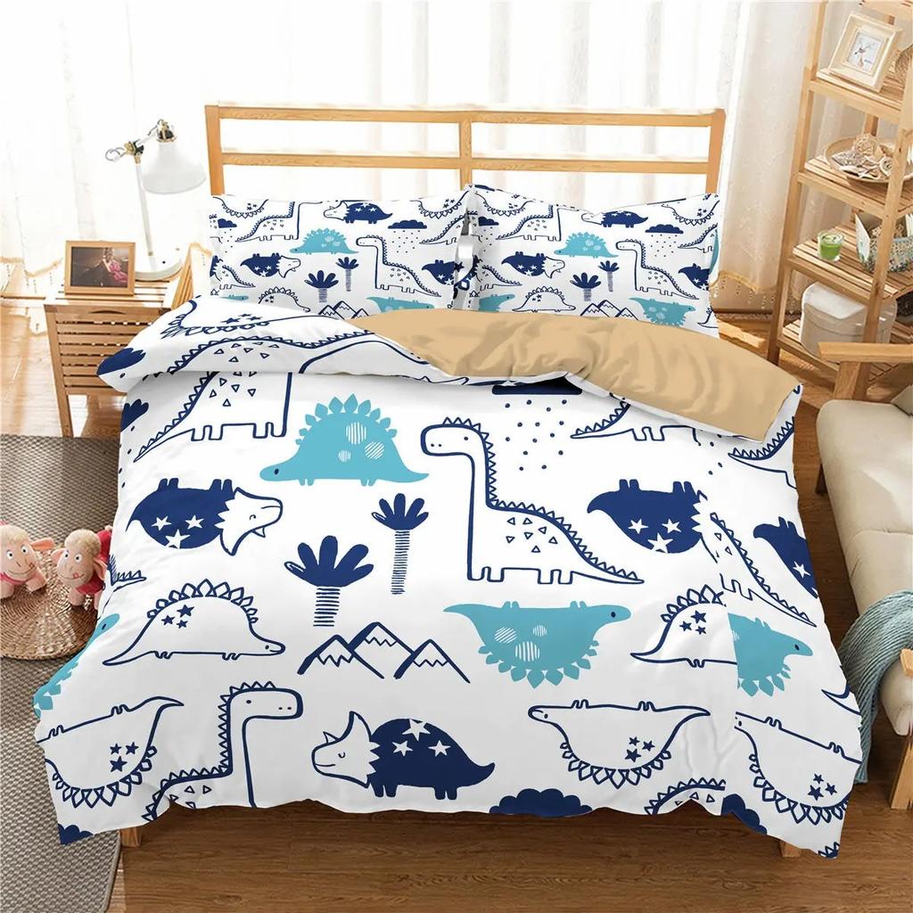 Niedlicher Dinosaurier Bettbezug Kinder 3D Cartoon Tier Bettwäsche Set Full/Queen Mikrofaser Bettdeckenbezug für Jungen Mädchen Kinder Schlafzimmer Dekor