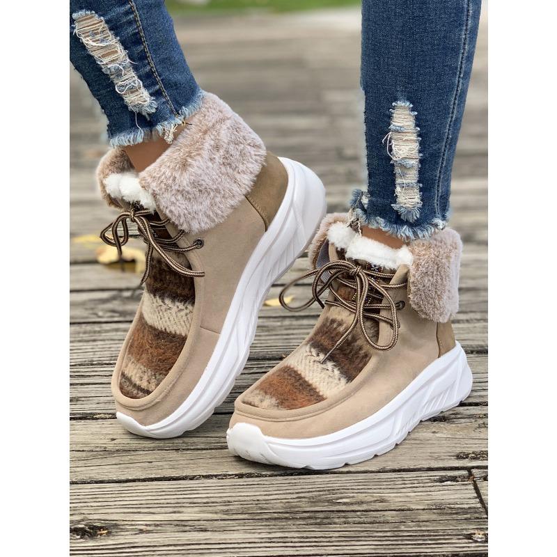 Große Schneestiefel für Damen sind im Herbst und Winter beliebt, neue warme und bequeme Schnür-Baumwollstiefel mit flachem Boden und Umschlag für Damen