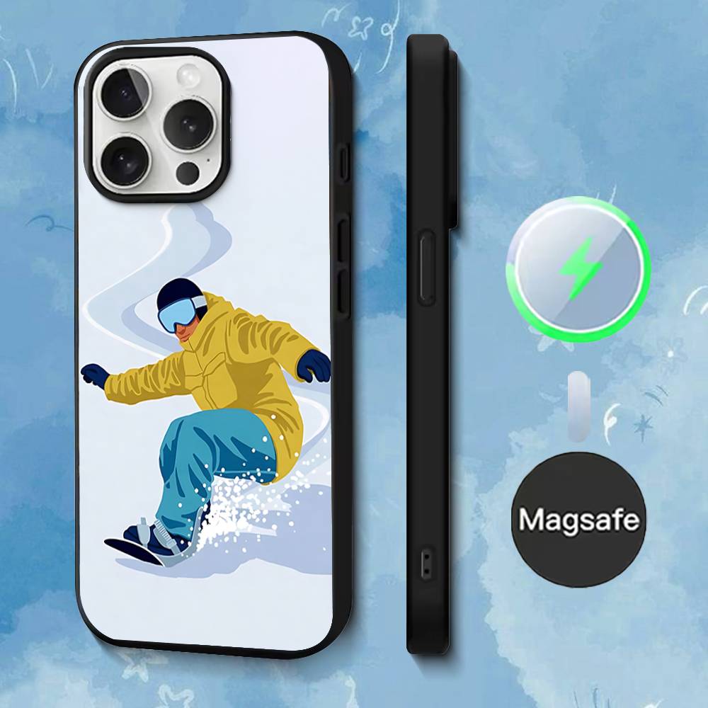 Étui de téléphone Neige Snowboard Ski Pour iPhone 17,16,15,14,13,12,11,Pro,Max,Plus,Mini,SE4,E Magnétique Magsafe Recharge sans fil