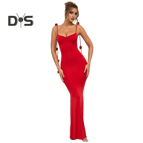 Dámské večerní šaty 3D růžová dekorace špagetová ramínka bez zad bez rukávů výstřih do V slim fit koktejlová párty maxi šaty dámské banketové svatební maxi šaty