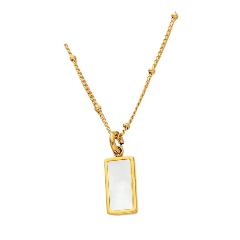 Women Simple Square Pendant Necklace with Removable Charm and Shell Inlay On Sturdy Stainless Steel Chain