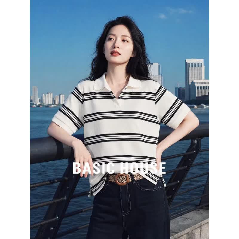 Basic House Women s Contrast Stripe Polo T-shirt L