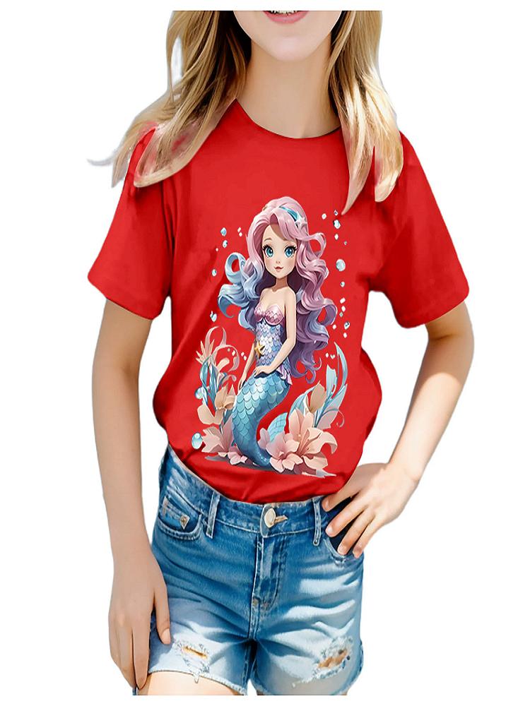 Girls Adorable Mermaid Princess Print Tshirt Summer CrewNeck ShortSleeved Soft Polyester Fabric Kids Top Clothing