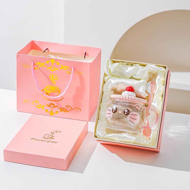 Creative Cute High Borosilicate Glass Mug Pink Girl Heart Gift Water Cup with Lid Spoon Pig Cat Cup