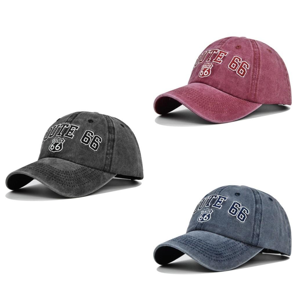 Route 66 Vintage Embroidered Baseball Cap Washed Denim Duckbill Cowboy Hat Sun Hat