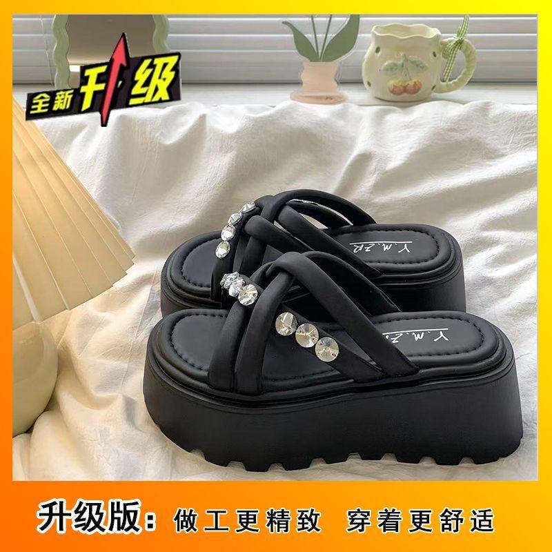 Fashion Thick Bottom Heightening One-word Slippers Rhinestone Premium Outer Wear Versatile Non-slip Comfortable New Summer
