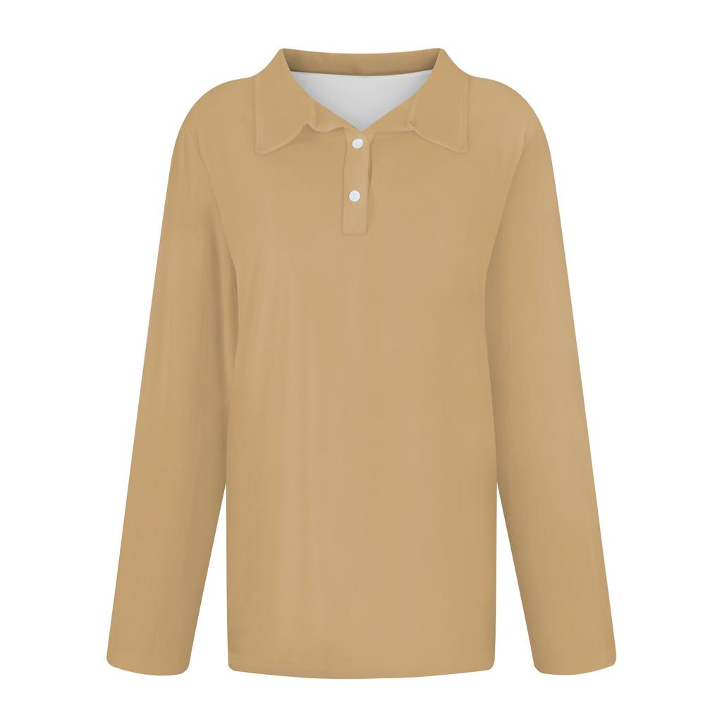 Women's Fashion Color Button Collar V Neck Long Sleeve Loose Shirt Tops