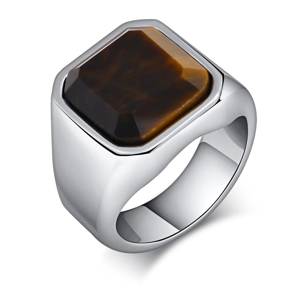 Vnox Tiger Eye Stone Ring for Men, Geometric Square Stainless Steel Metal Finger Ring, Stylish Ring Band Wedding Gift Size 7-12
