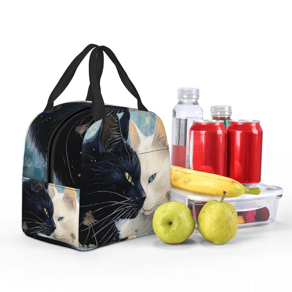 Cartoon Black White Cat Print Insulated Lunch Bag for Women Office Cooler Thermal Food Box Tote Portable Lunch Boxes Container