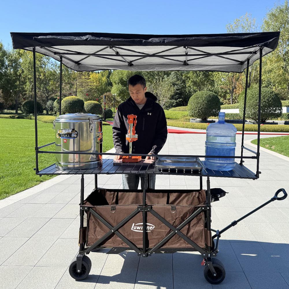 Adjustable Folding Handcart with Umbrella, Elevated Canopy & Table Top for Street Stalls or Camping.