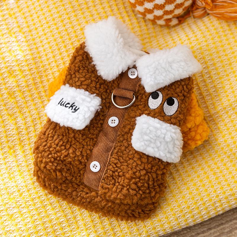 Cat clothes are warm in autumn and winter, big-eyed cute lamb wool two-legged cotton-padded clothes, dog thickened fleece jacket, teddy pet clothing.