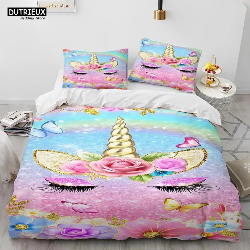 Einhorn Niedlich Cartoon Bettdecke Bettwäsche Set,Bettbezug Bett Set Bettdeckenbezug Kissenbezug,Queen Bettwäsche Set