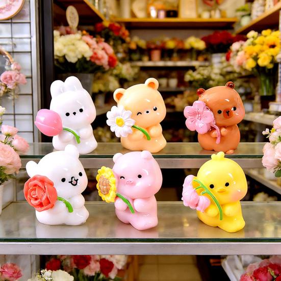 Cute Animal Miniature Figurine Mini Resin Bear Bunny Duck Holding Flower Statue for DIY Moss Landscape Fairy Garden Home Cake Decor