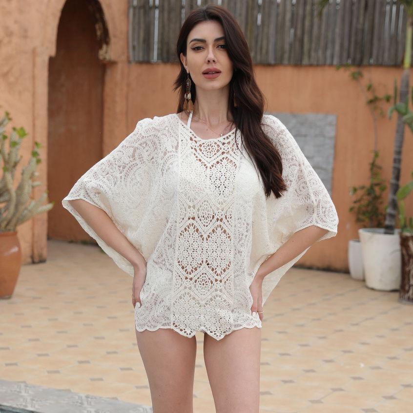 

Летняя женская кружевная блузка в стиле бохо с вырезом, тонкий трикотажный пуловер, сетчатая футболка, солнцезащитная одежда one size абрикосовый