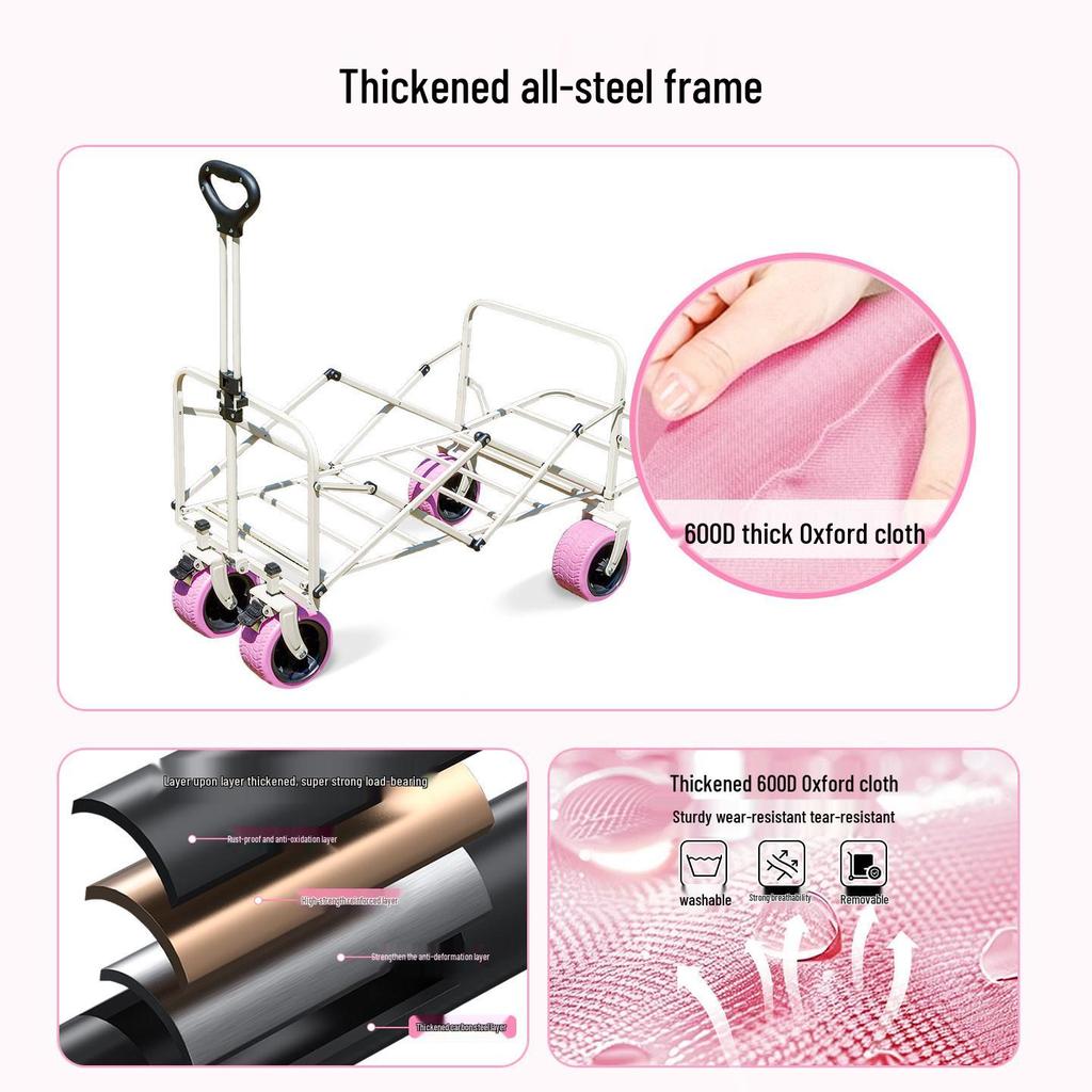Pink Camper Van Portable Folding Cart for Packages and Picnic Camping