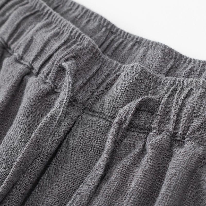 Summer Gray Lightweight Shorts for Men, Cotton and Linen Solid Color, Loose and Breathable, Elastic Waistband Drawstring Five Quarter Pants