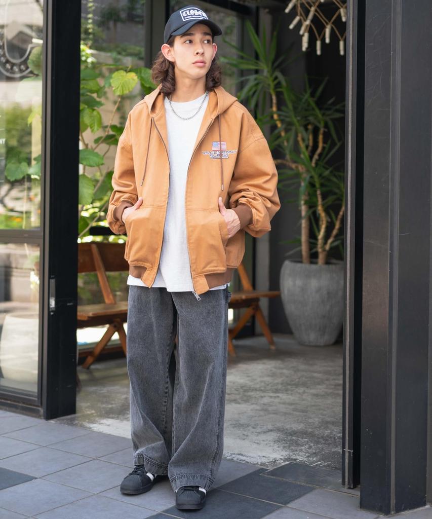 WEGO Hooded Oversized Size Brown Workers' Blouson, Outerwear, Jacket, Hoodie, Denim, Vintage, Streetwear, Silhouette, Casual, Unisex, Fall/Winter,