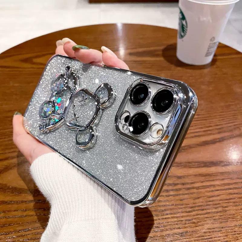 Electroplating quicksand violent bear is suitable for iPhone17 mobile phone case with glass lens film Apple 16 transparent soft case