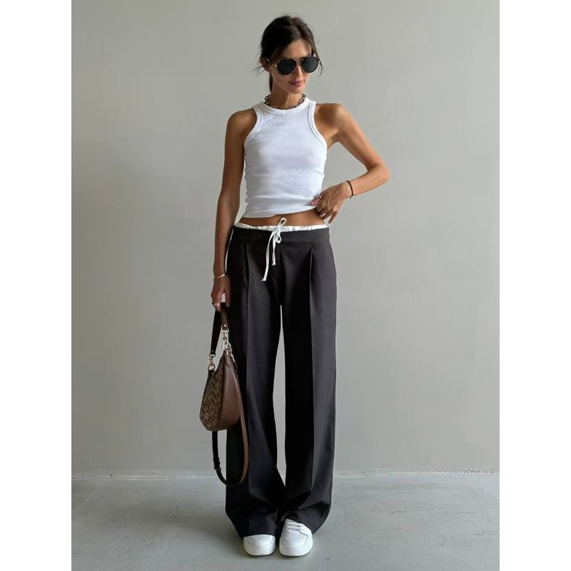 

European and American New Fake Two-Piece Lace-up Design Casual Pants Suit trousers Spliced Lace up Casual Pants Black S