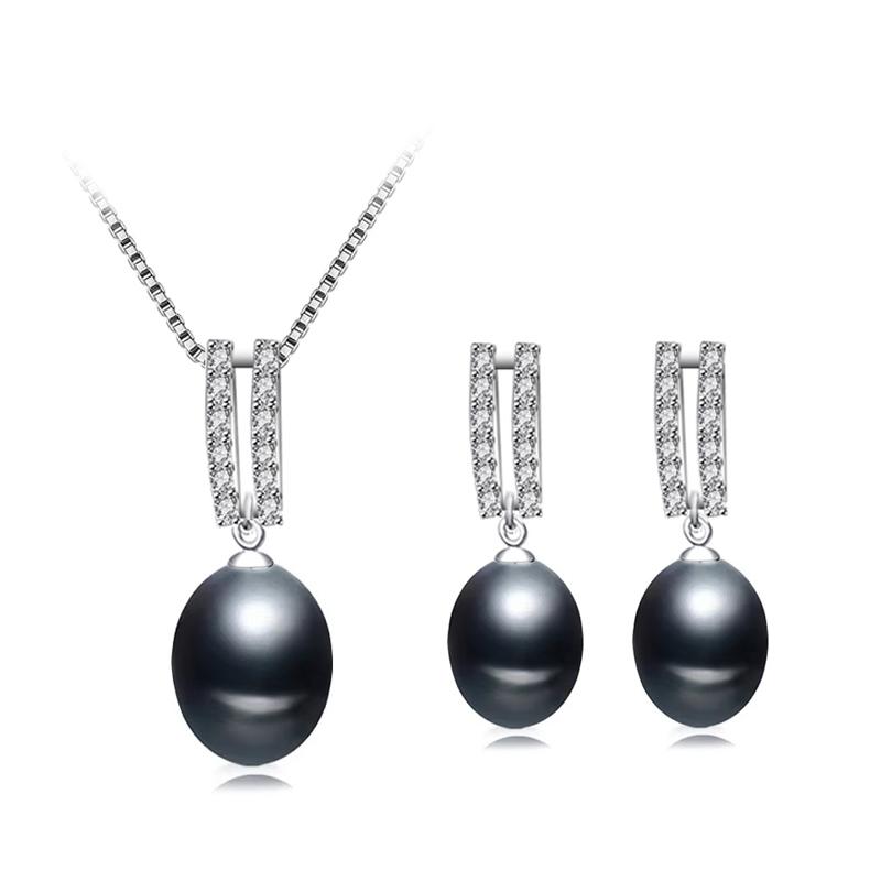 

Genuine Natural Pearl Necklace Earring Set Woman,Wedding White 925 Silver Necklace Pearl Set Mother Wife Anniversary Gift Black