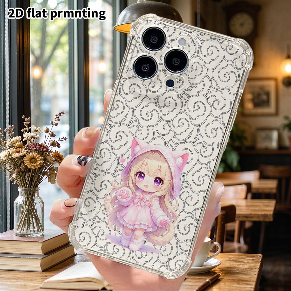 Phone Case: 2D Flat, Fits iPhone 18 17 16 15 14 13 Pro, Transparent Four Corner Protective Case, Cat Ear Girl, Christmas and Halloween Gifts