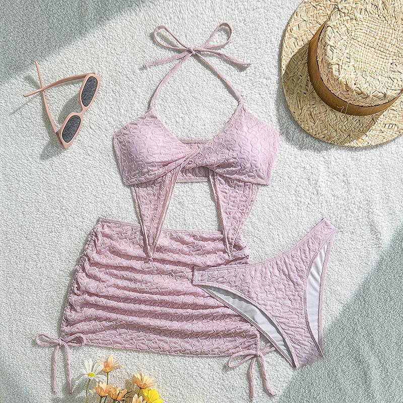 

Новый Сексуальный Модный Женский Комплект Бикини из 3 Предметов с Юбкой Женский Купальник с Завязками на Шее Однотонный Купальник с Открытой Спиной Летний Пляжный Купальник L розовый