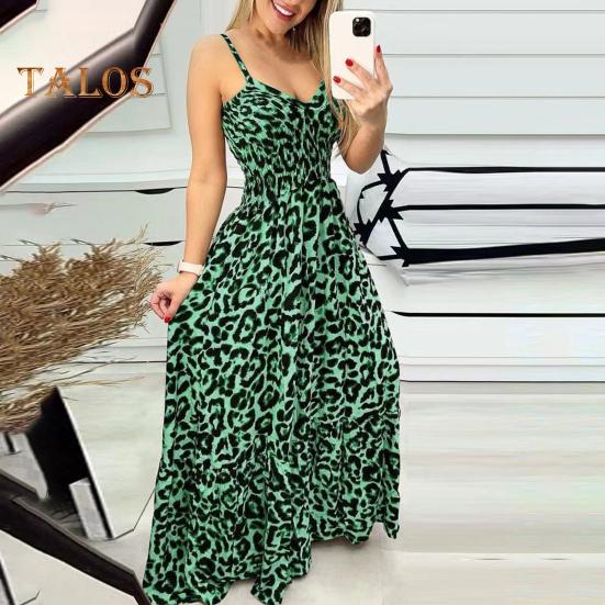 Women Strappy Dress Leopard Print Low-cut V Neck Sleeveless Tight High Waist Color Matching Backless Big Hem Vacation Beach Maxi Dress