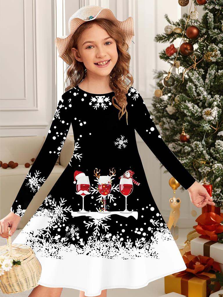 Mädchen Herbst- und Wintermodekleid, 3D Weihnachtsprint Rundhalsausschnitt Lang Kinder-T-Shirt-Kleid, Lässig Vielseitig, Weihnachtskleidung