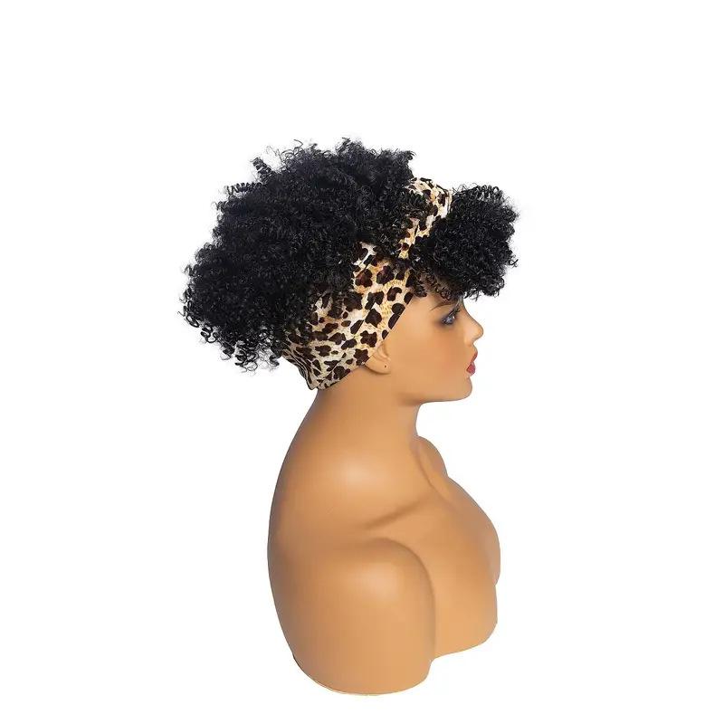 Synthetische Afro-Kopfband-Perücken Lockige Haare Perücke mit Pony Kopfband-Perücke Kurze Colly-Faser für Schwarze Frauen Turban-Wickel-Perücke Tägliche Anwendung