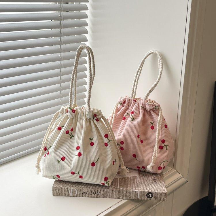 Cute Corduroy Handbag Fresh Strawberry Drawstring Bag Key Headphone Data Cable Organizer Pouch Student Makeup Bag Toiletry Bag