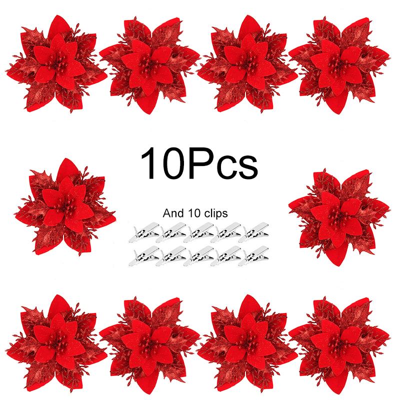 10Pcs/Pack Christmas Flowers Sparkling 14CM with Clips Xmas DIY Glitter Poinsettia Wreath
