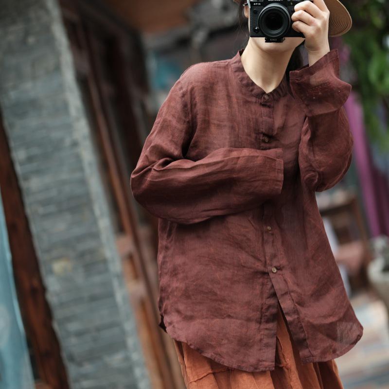 Vintage-Inspired Red Linen Long-Sleeve Women s Blouse One Size