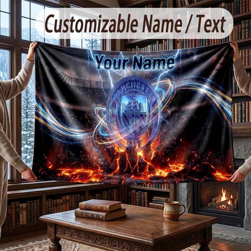 Custom Name Flannel Throw Blanket Manchester City Pattern Warm Home Decoration