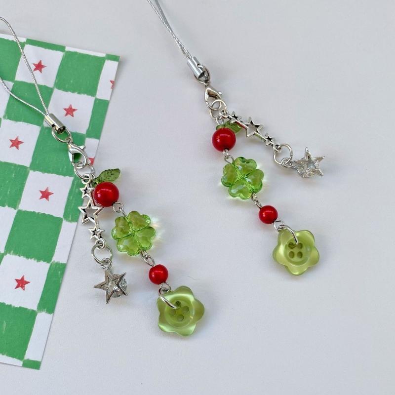 Fashionable Four Leaf Grass Keychain Button Inspired Beaded Charm Hanging Pendant Korean Style Decoration