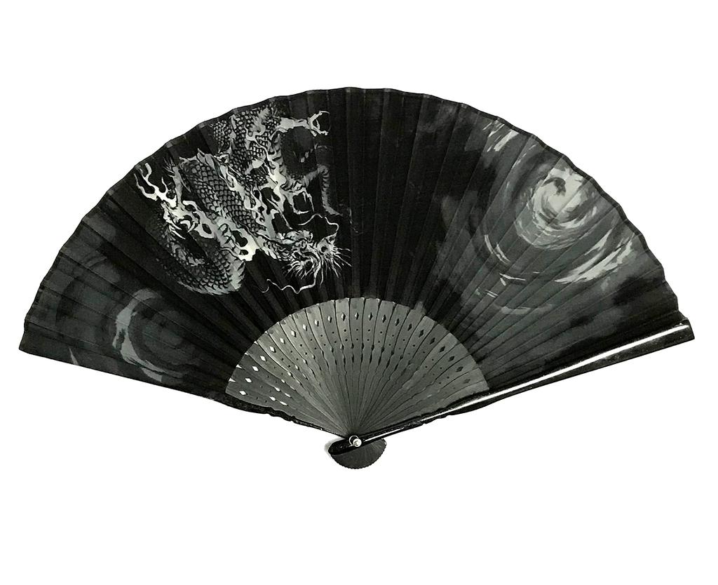 23cm Baumwoll-Faltfächer mit japanischem Wolkendrache Drachengott Baumwolle und Leinen Faltfächer Tasche 1299c Herren Hochwertiges Muster, Schwarz, Durchbrochen,