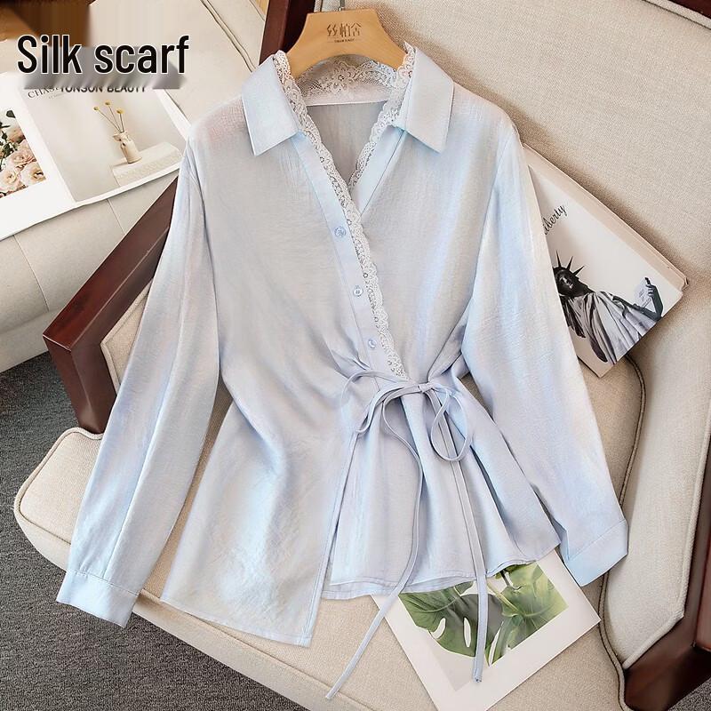 Sibaishe Lace Patchwork Tie-Front Long-Sleeve Shirt S