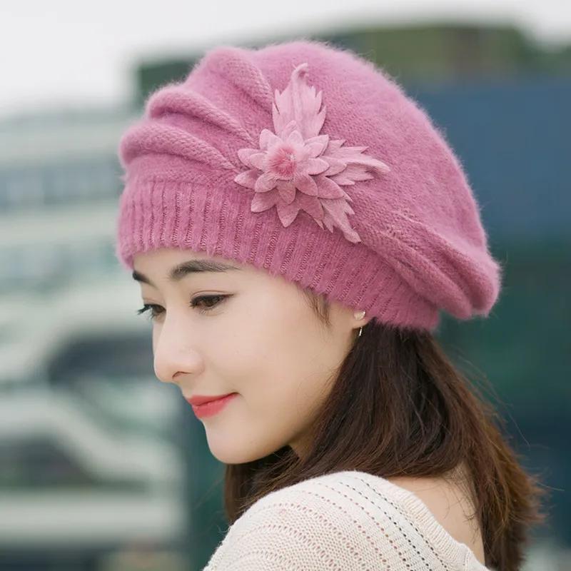 Hat Women's Winter Flower Hat Thick Beret Warm Knitted Wool Hat Autumn Winter Mom Hat for Mom Mother Gifts Grandmother Gift