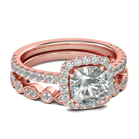 

2шт/набор женщин изумрудной огранки кубический цирконий укладки палец кольцо свадебные украшения US 7 ярко-розовый/золотистый