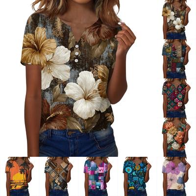 Women's Fashionable Casual Retro Print V-Neck Short Sleeve Decorative Button T-Shirt Top