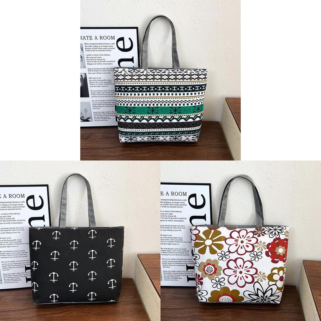 Ethnic Style Canvas Tote Bag With Print Large Capacity For Daily Use