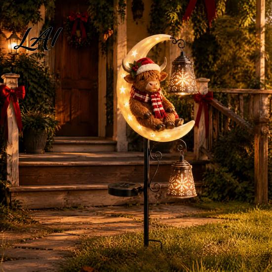 Rustic Farmhouse Holiday Decor Highland Cow Moon Solar Garden Light Christmas Metal Gift for Lovers Stake Powered Outdoor Yard Lawn Path Decoration
