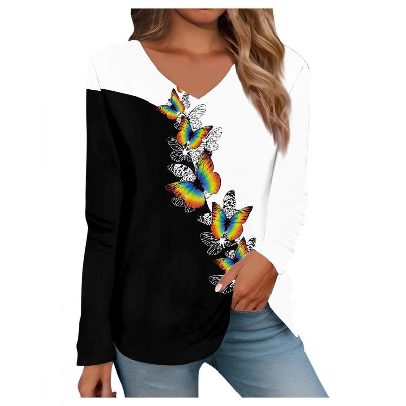 Women's V-neck Long Sleeve T-shirt with Print V-neck Top