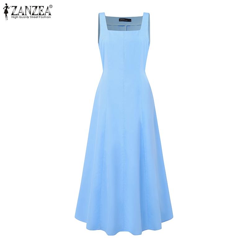 ZANZEA Women Casual Square Collar Summer Sleeveless Long Dress