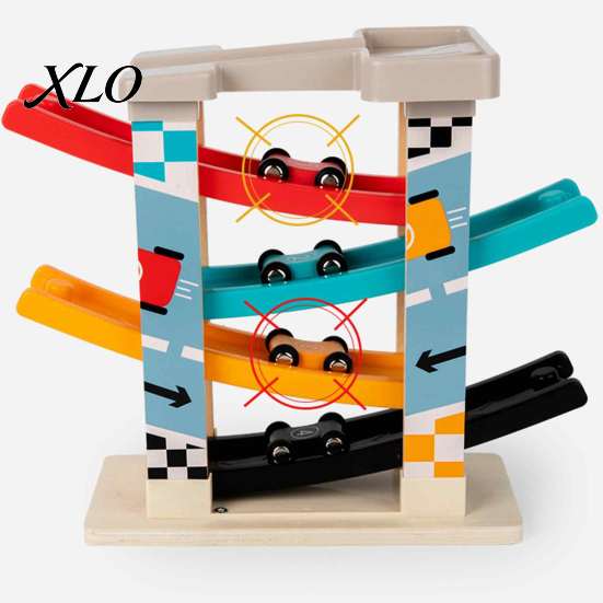 Interactive Slide Track Set Wooden Ramp Racer Car Toy, 4 Numbered Mini Cars And Parking Lot Sturdy Design, Development Hand-eye Coordination