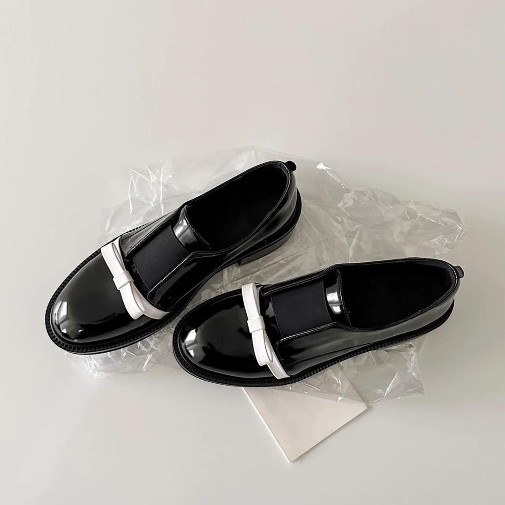 British style retro leather round head bow one-pedal loafers women's 2025 spring thick heel small leather shoes single shoes