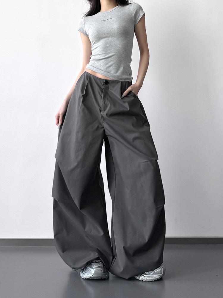 2026 Women's Gray High-Waisted Wide-Leg Parachute Pants: Slimming, Casual, Loose Fit, Straight Leg