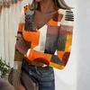 Women's Casual V-Neck Vintage Print Long Sleeve Ribbed Top for Fall and Everyday Wear