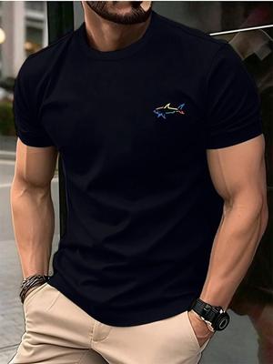 Camiseta de verano para hombre 100% algodón, moderna, informal, deportiva, holgada, con estampado de tiburón, cuello redondo, manga corta