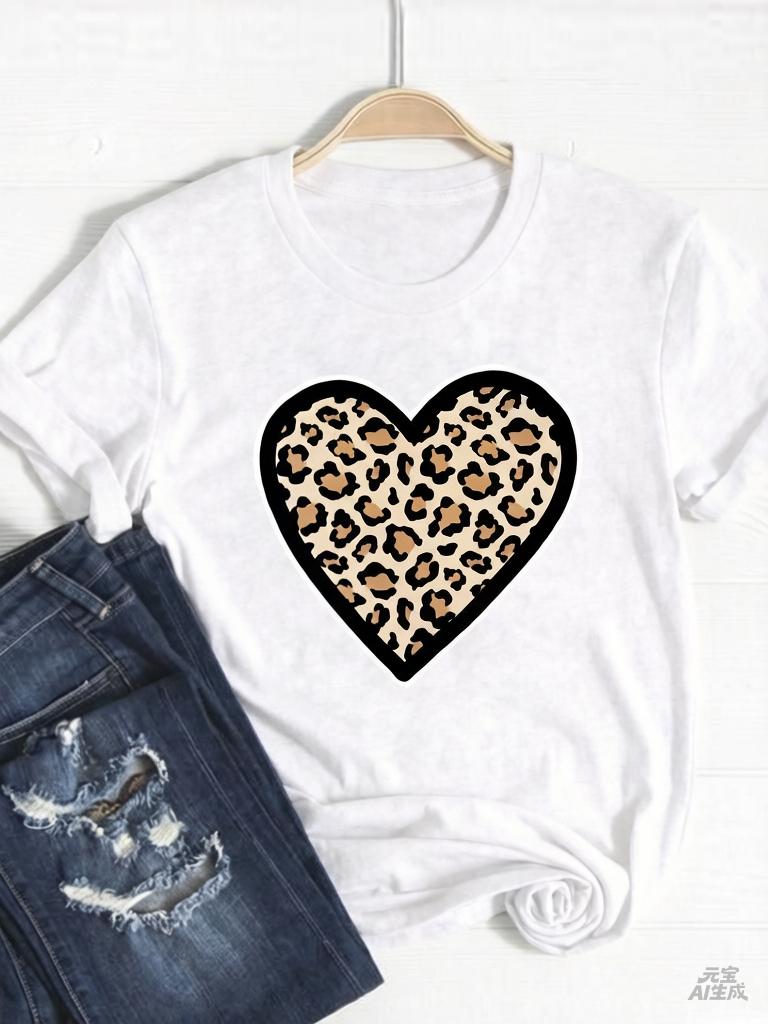 Tee Basic Clothing Women Clothes Print T Shirt Leopard Love Heart Trend Cute Summer Top Fashion Short Sleeve Graphic Tshirt